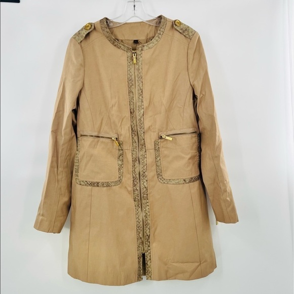 Iman brown safari front zipper dress  long sleeve M animal print trim - Picture 1 of 10